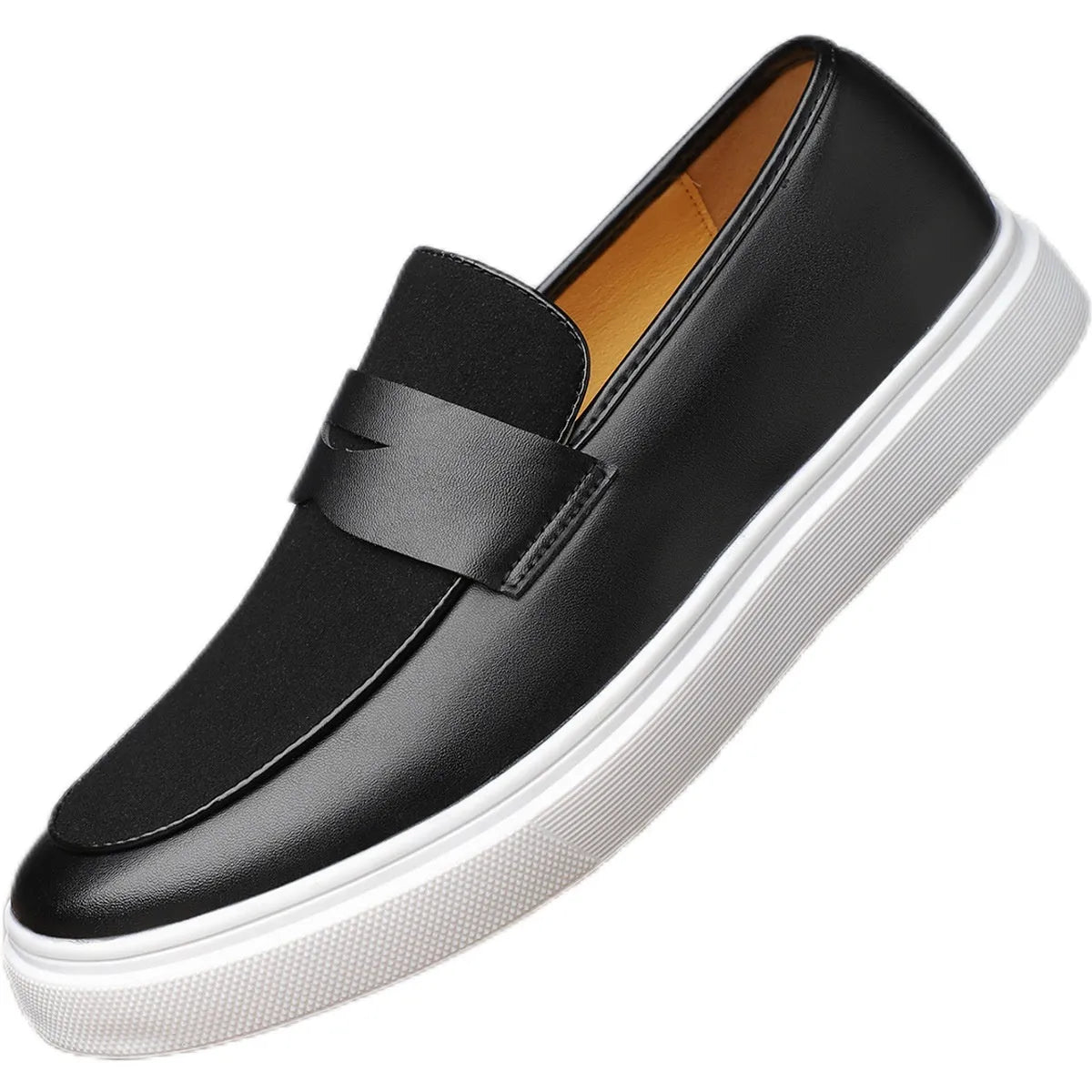 Black men's slip-on casual shoes with tassel detail, round toe and rubber sole