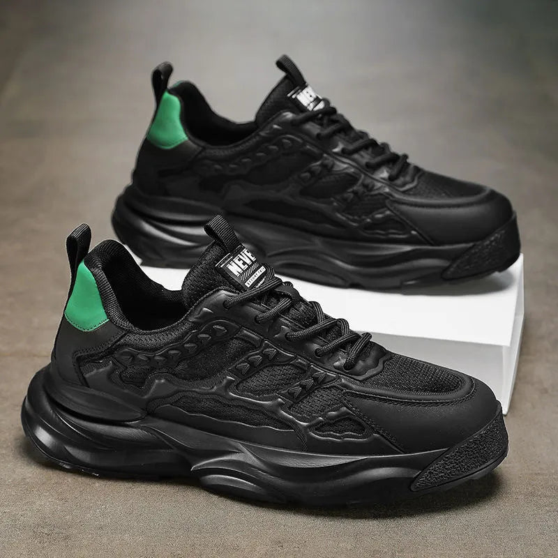 Men's solid colour breathable mesh shoes with round toe, shown in white and black.