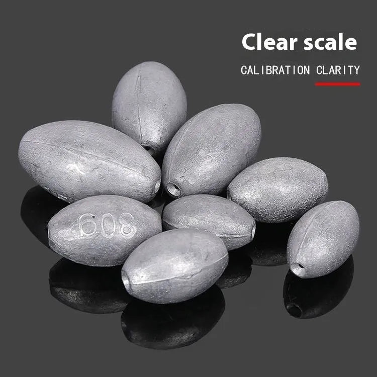 Tongxin olive-shaped lead fishing sinker with scale texture and internal plastic core.