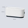 Blue and white HIPS plastic power strip storage box with lid open, showing cable holes and interior space.