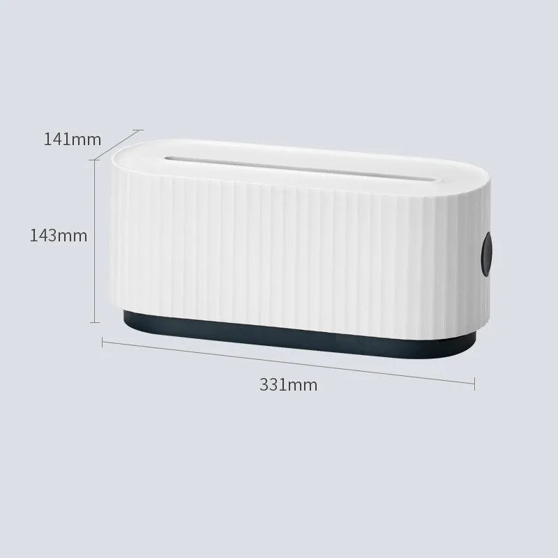 Blue and white HIPS plastic power strip storage box with lid open, showing cable holes and interior space.