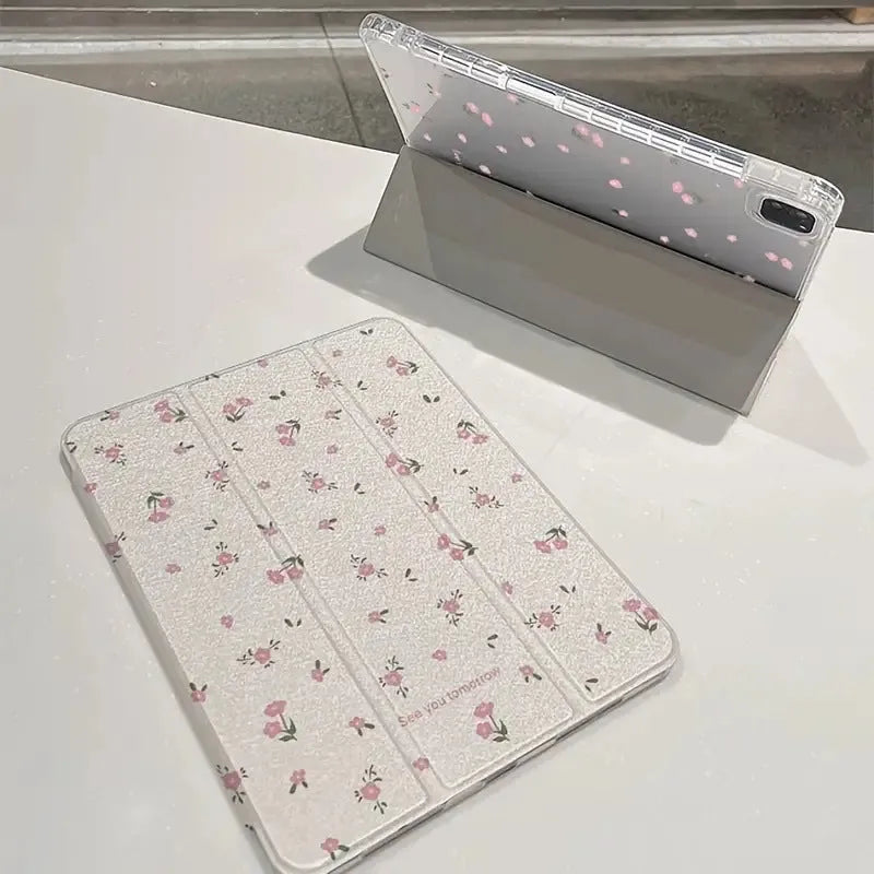 Transparent floral tri-fold tablet protective case with magnetic stand for iPad on white background