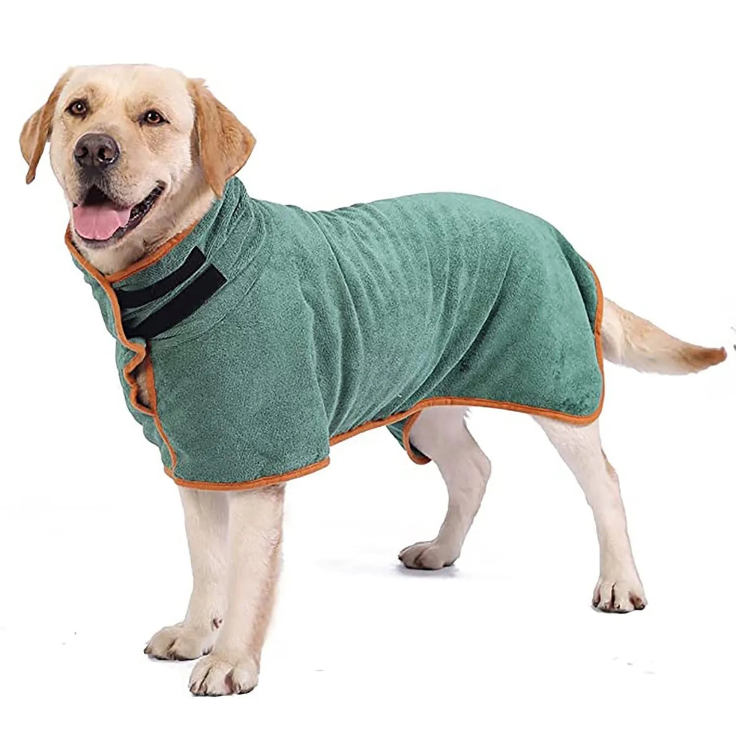 Nylon dog robe and cat bath towel shown in grey orange edge colour