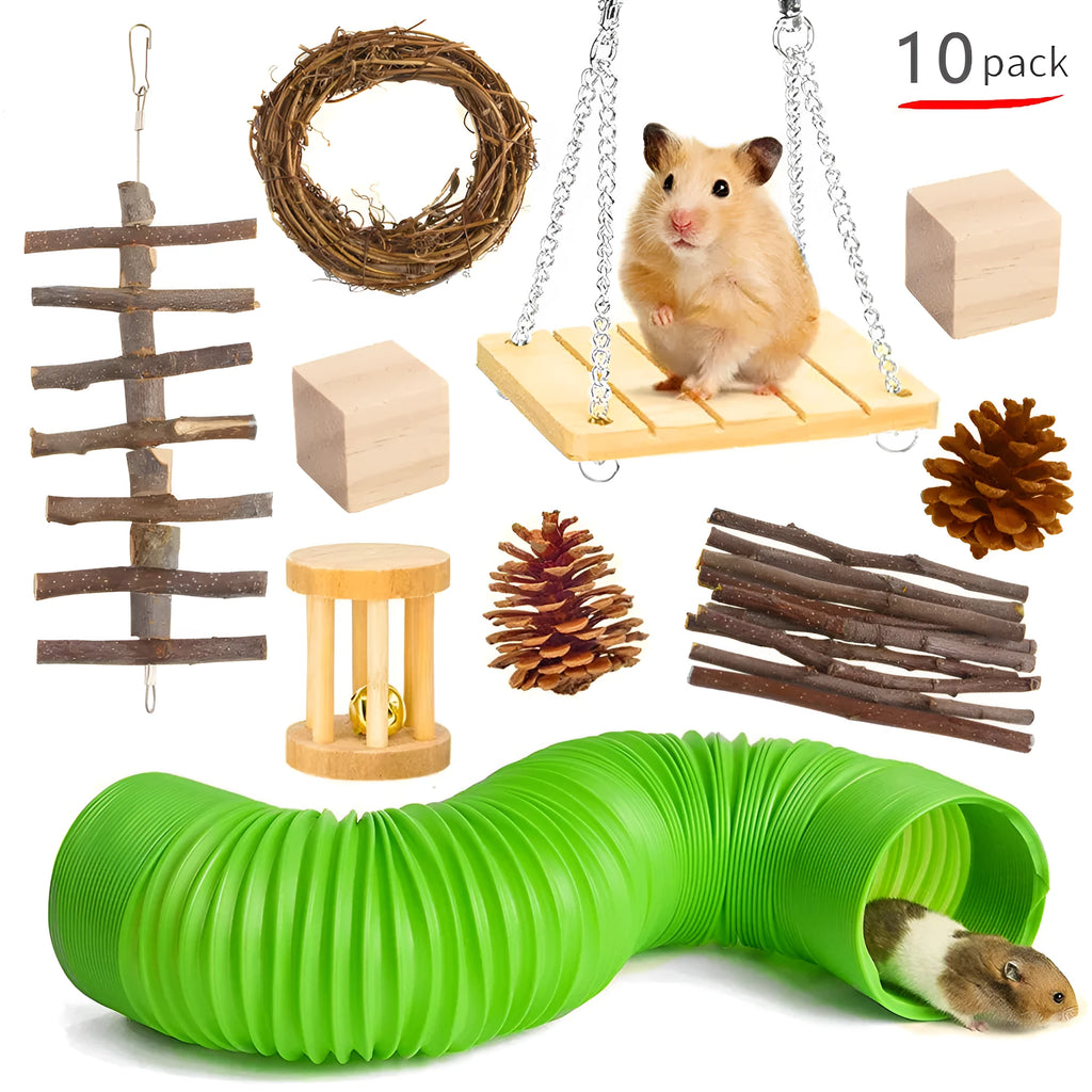 Assortment of natural wooden toys for small pets including balls, rings, and mats for chewing and play.