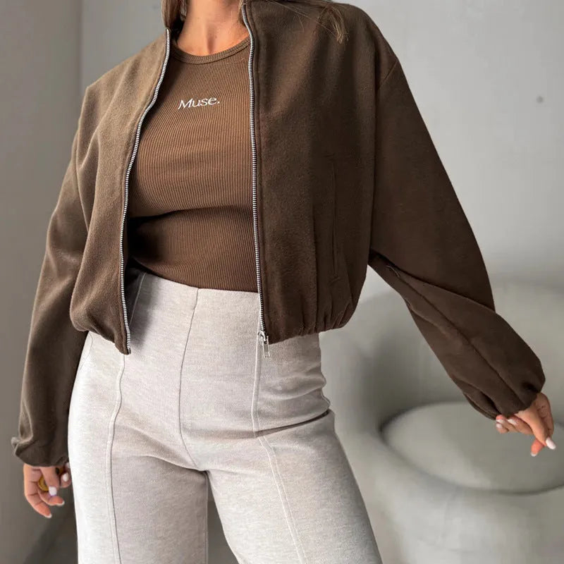 Women's brown lantern sleeve short coat with loose casual fit and pocket details