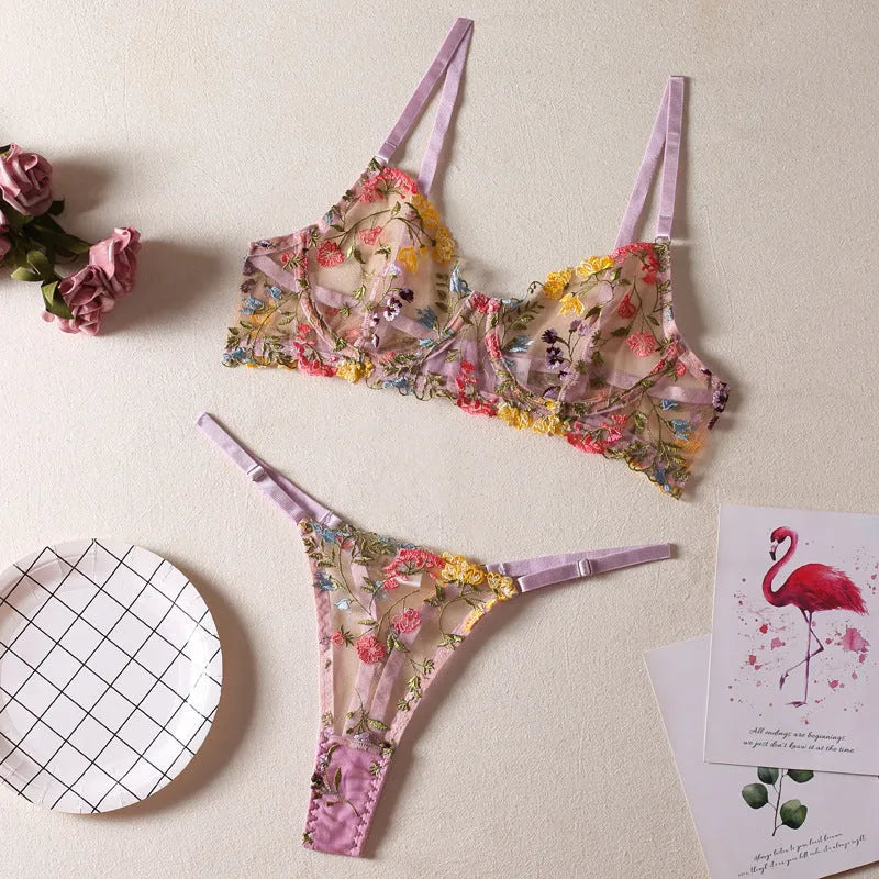 Women's floral mesh bra with steel ring T-back in multiple colours