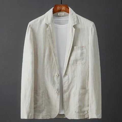Men's slim fit solid colour linen-style suit jacket with nine-point sleeves on a hanger.