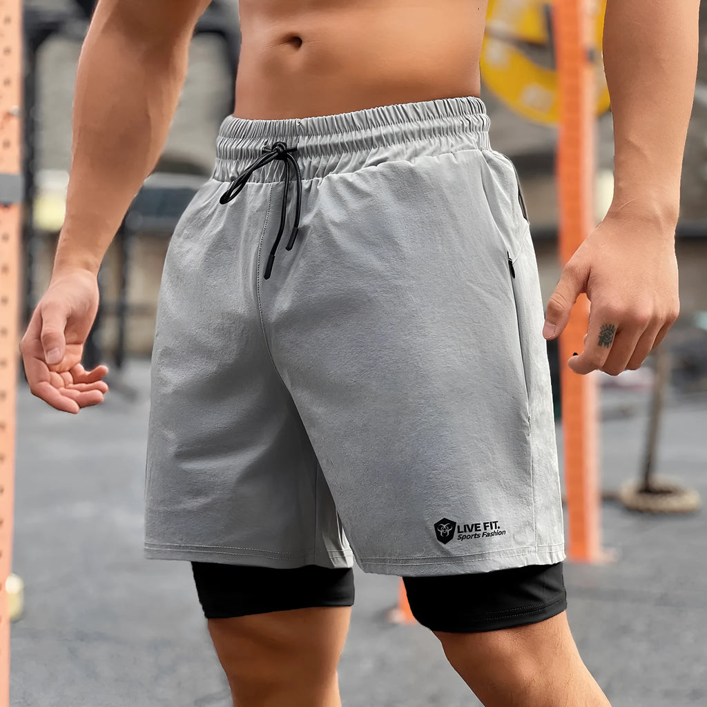 American style quick drying zippered shorts for men in grey, size M, front view