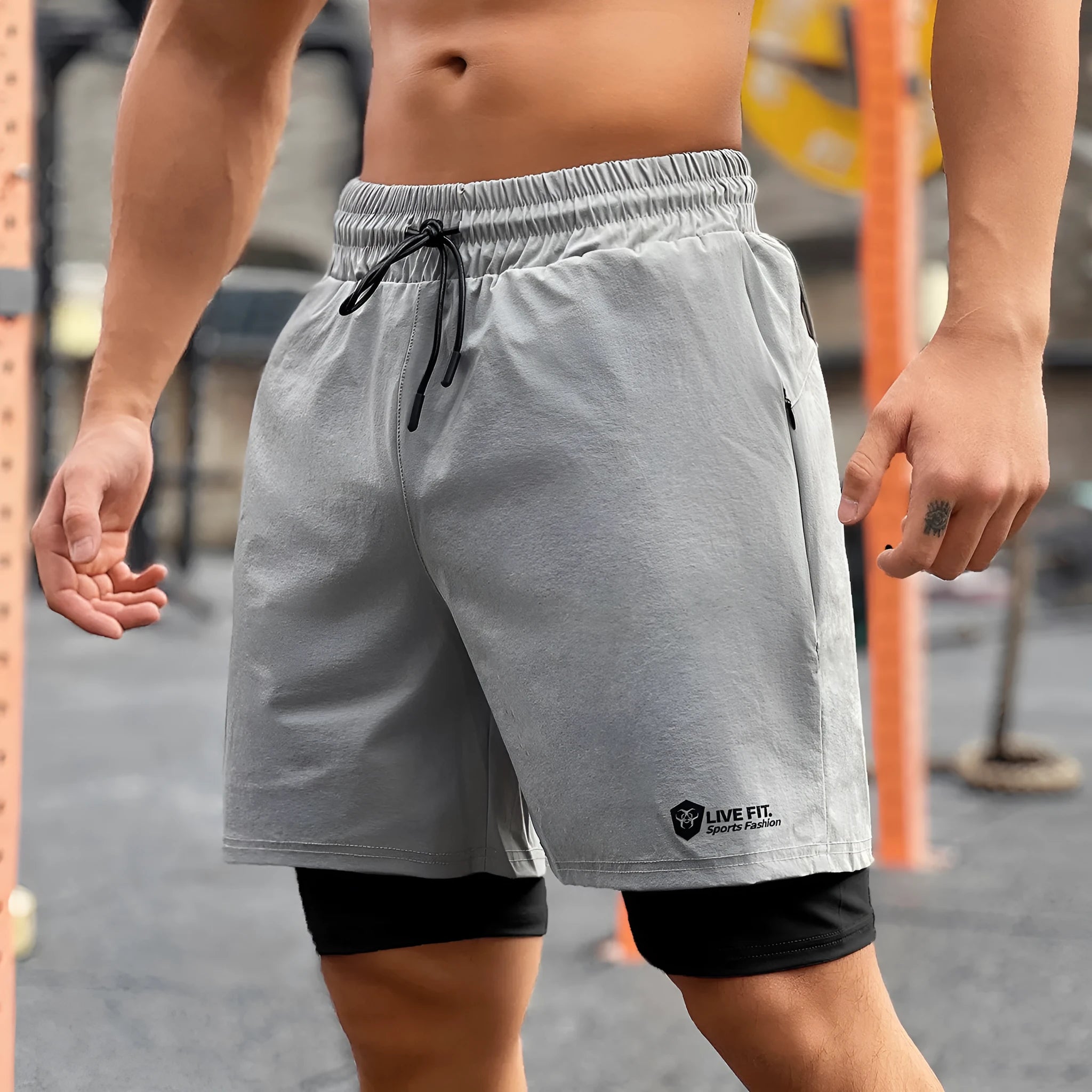 American style quick drying zippered shorts for men in grey, size M, front view