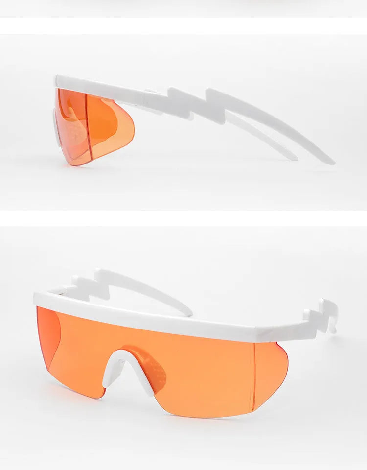 Sports sunglasses with curved foot piece, UV400 protection, and colourful film lenses in white frame