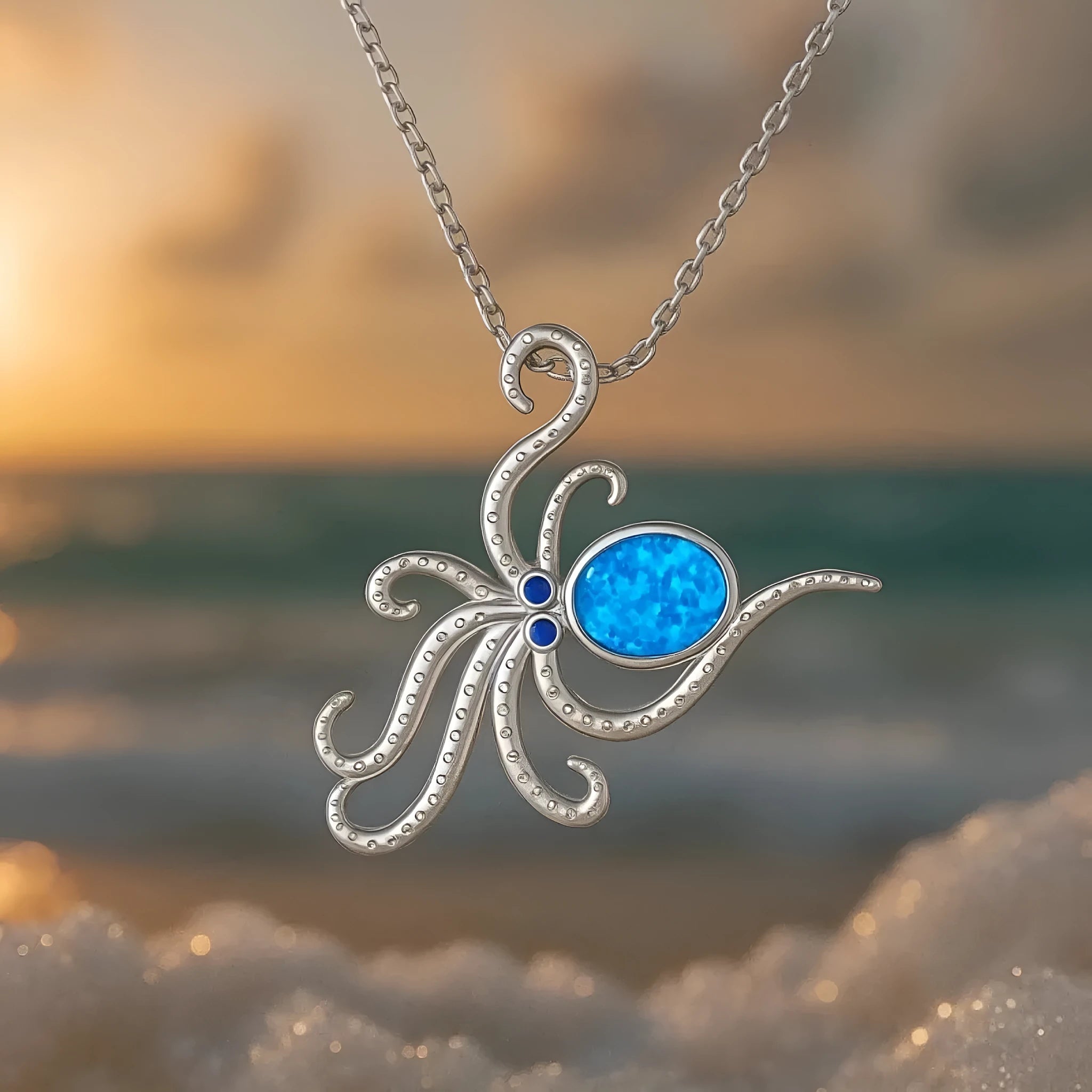 Silver stainless steel octopus opal necklace with geometry pendant on a box chain.