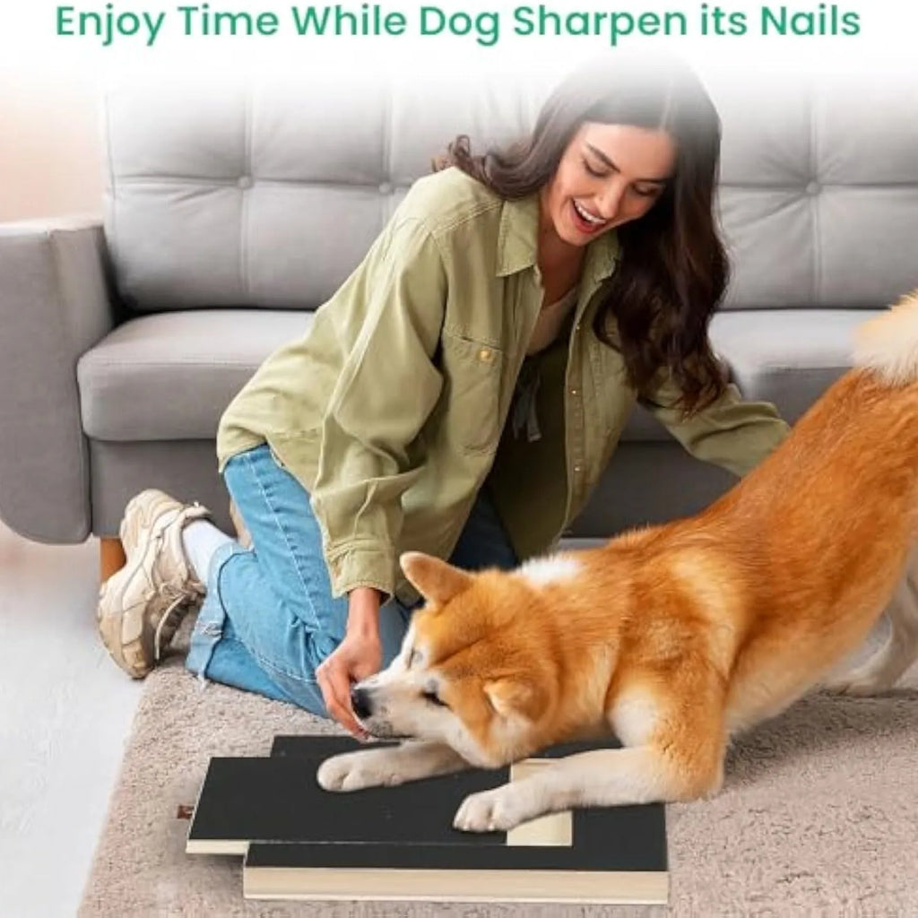 Black wooden dog nail scratch board with treat drawer and four circular anti-slip pads on base