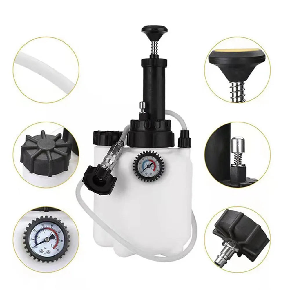 White 3-litre brake fluid tank replacement tool made of copper, iron, and plastic for car maintenance.