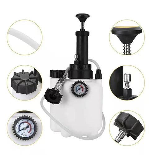 White 3-litre brake fluid tank replacement tool made of copper, iron, and plastic for car maintenance.