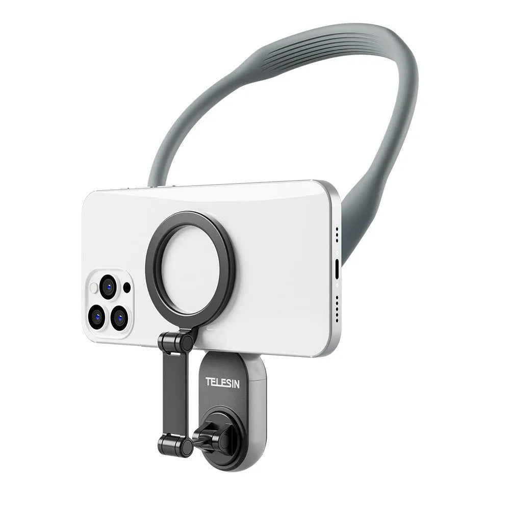 Gray silicone magnetic phone neck mount showing mobile phone attached with safety rope and aluminium strip construction