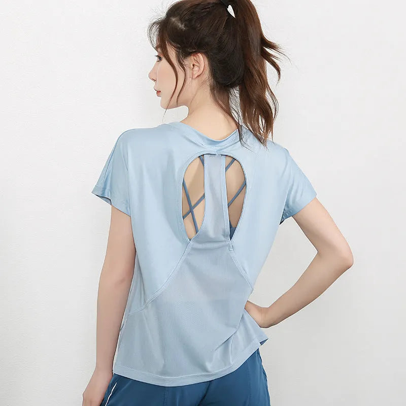 Women's short sleeve polyester sports t-shirt in grey green colour for running and gym workouts