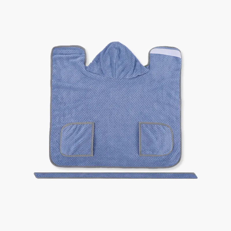 Blue adjustable dog bath robe towel wrapped around medium-sized dog