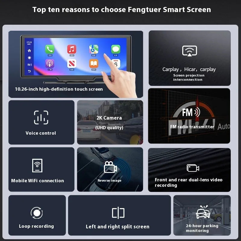 10-inch car touch screen display showing navigation map and dash cam footage