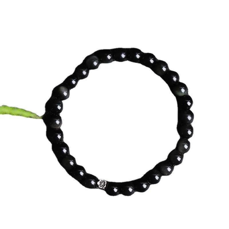 Natural obsidian bracelet with S925 silver flower accessory and constellation design