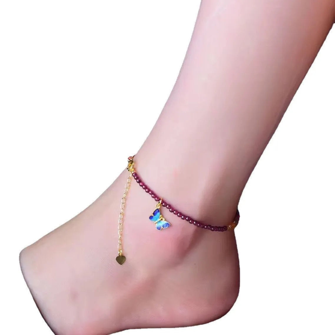 Purple natural garnet women's anklet with geometric design and adjustable chain