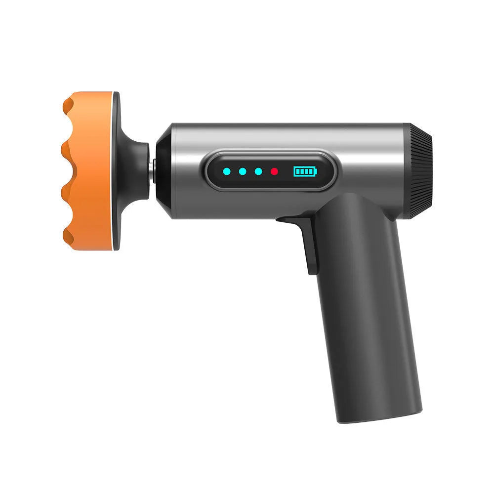 Cordless electric waxing and polishing machine with white body and black grip on a grey surface.