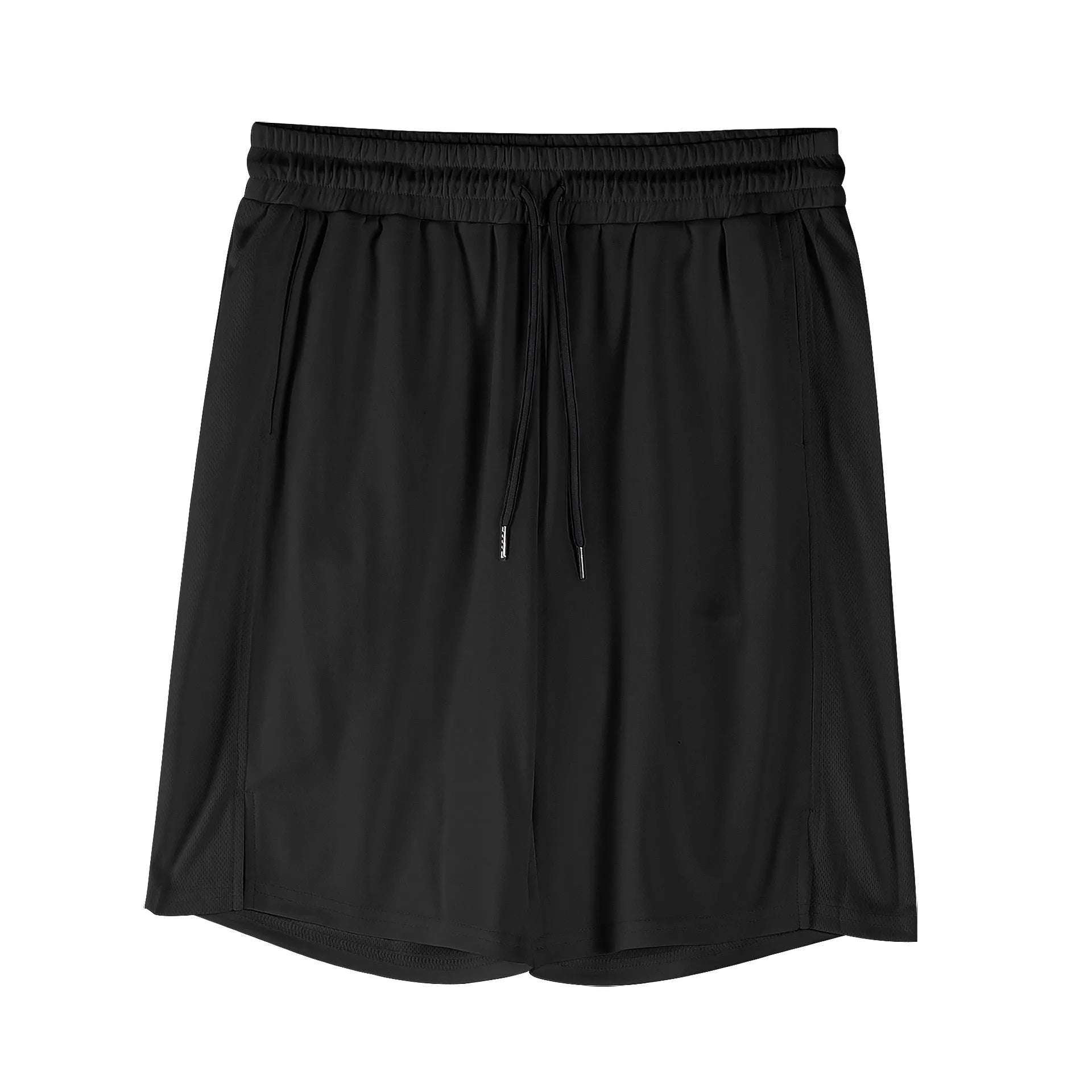 Man wearing loose-fitting black quick-dry mesh fitness shorts with an elasticated waistband.