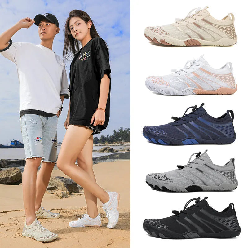 Casual unisex beach running shoes in Lycra stretch fabric, shown in beige, black, dark blue, gray, or white powder.