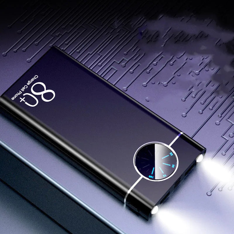 Black 20000mAh fast charging power bank with alloy shell and LED light