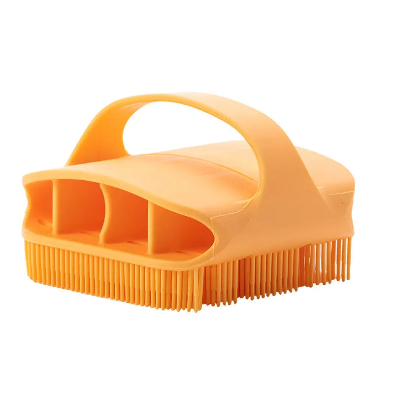 Blue silicone scalp massager shampoo brush with ergonomic handle and long bristles.