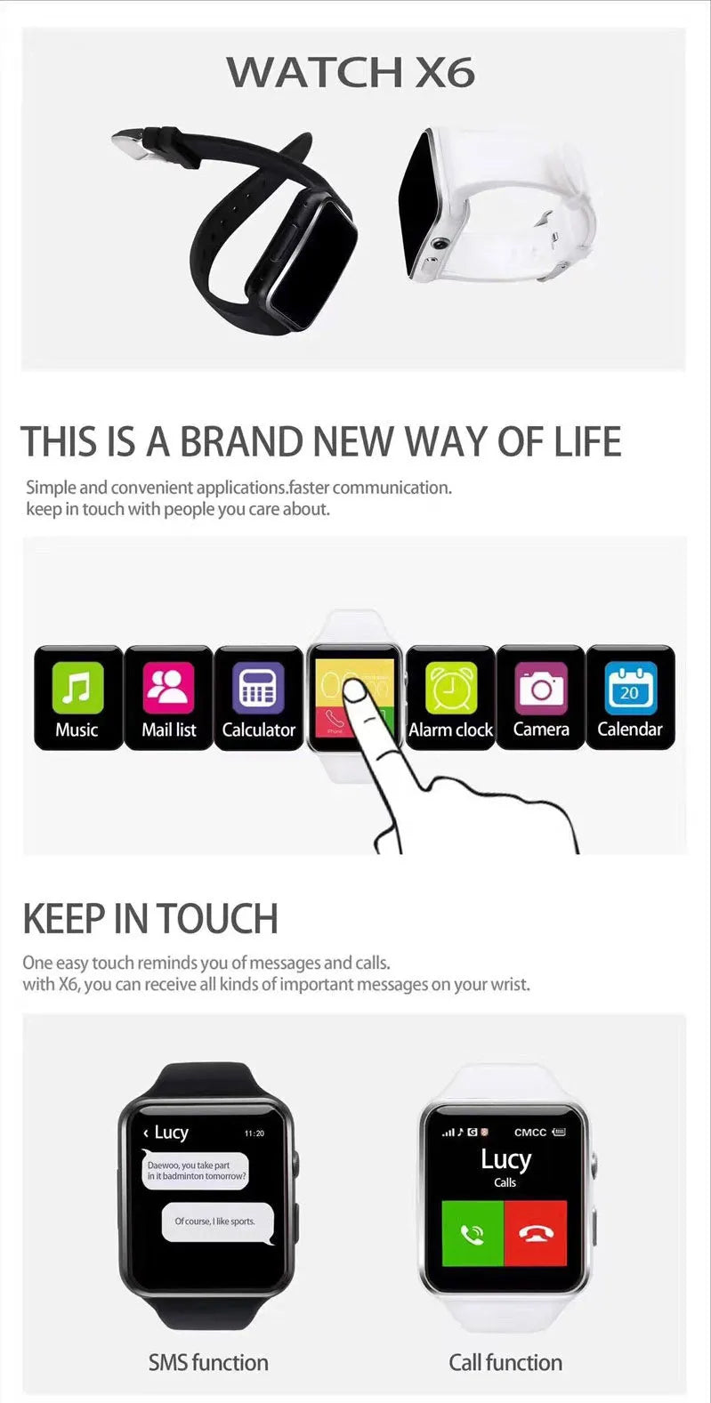 Smart watch with 1.54-inch IPS display and silicone strap in black, white, or gold.