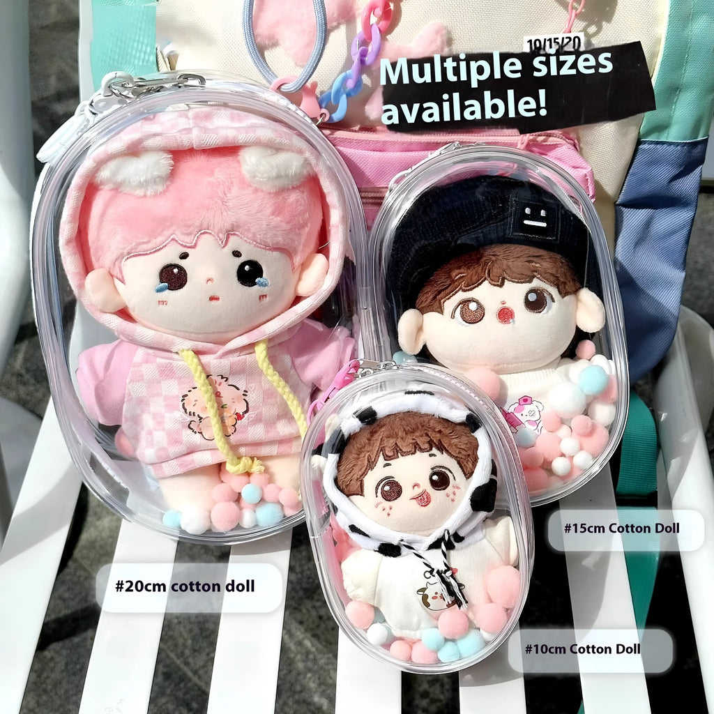 Clear PVC cube storage bag for dolls with keychain attachment in avocado green colour
