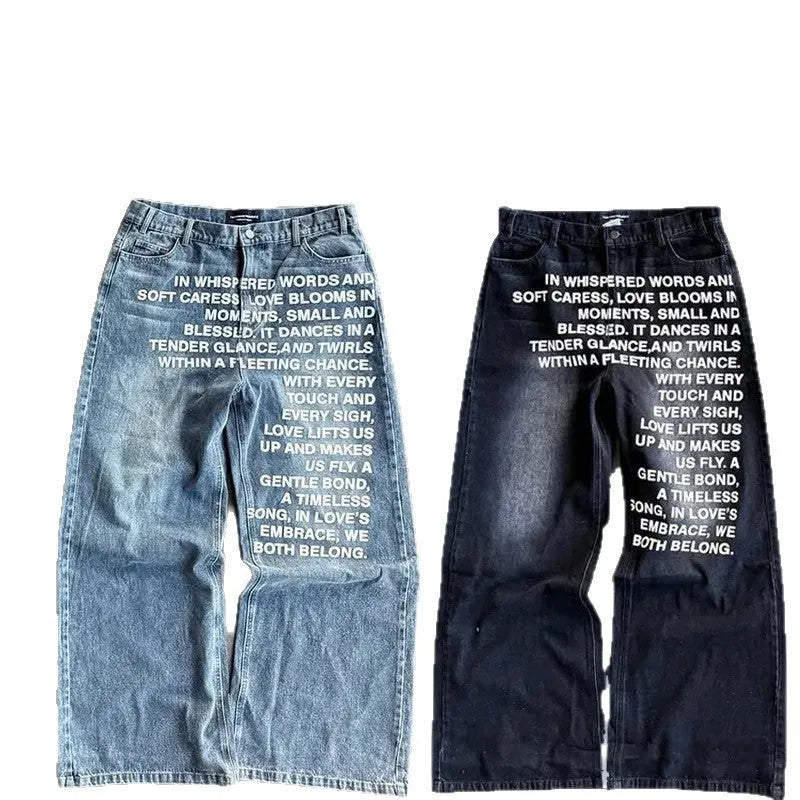 Men's loose wide-leg straight trousers in cotton fabric, shown in black and blue colour options