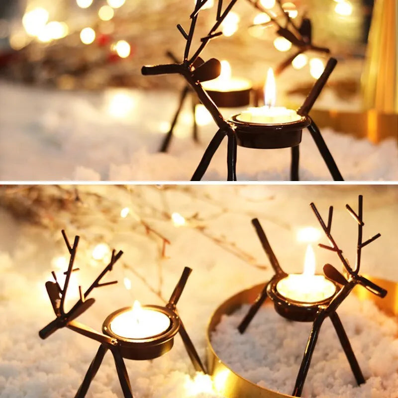 Black iron deer candlestick holder with elk bracket for Christmas candle decoration