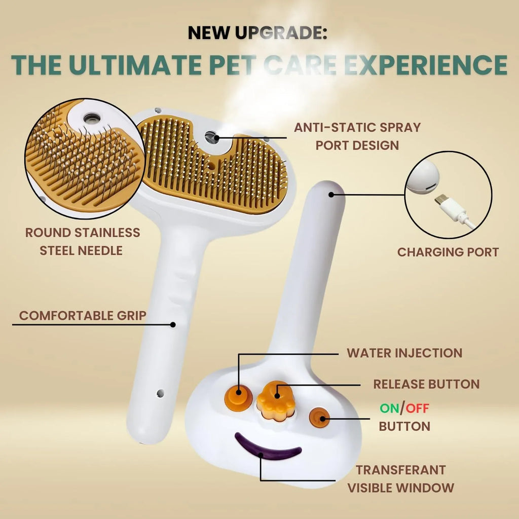 White pet grooming brush with steel teeth and built-in water tank for steam mist function