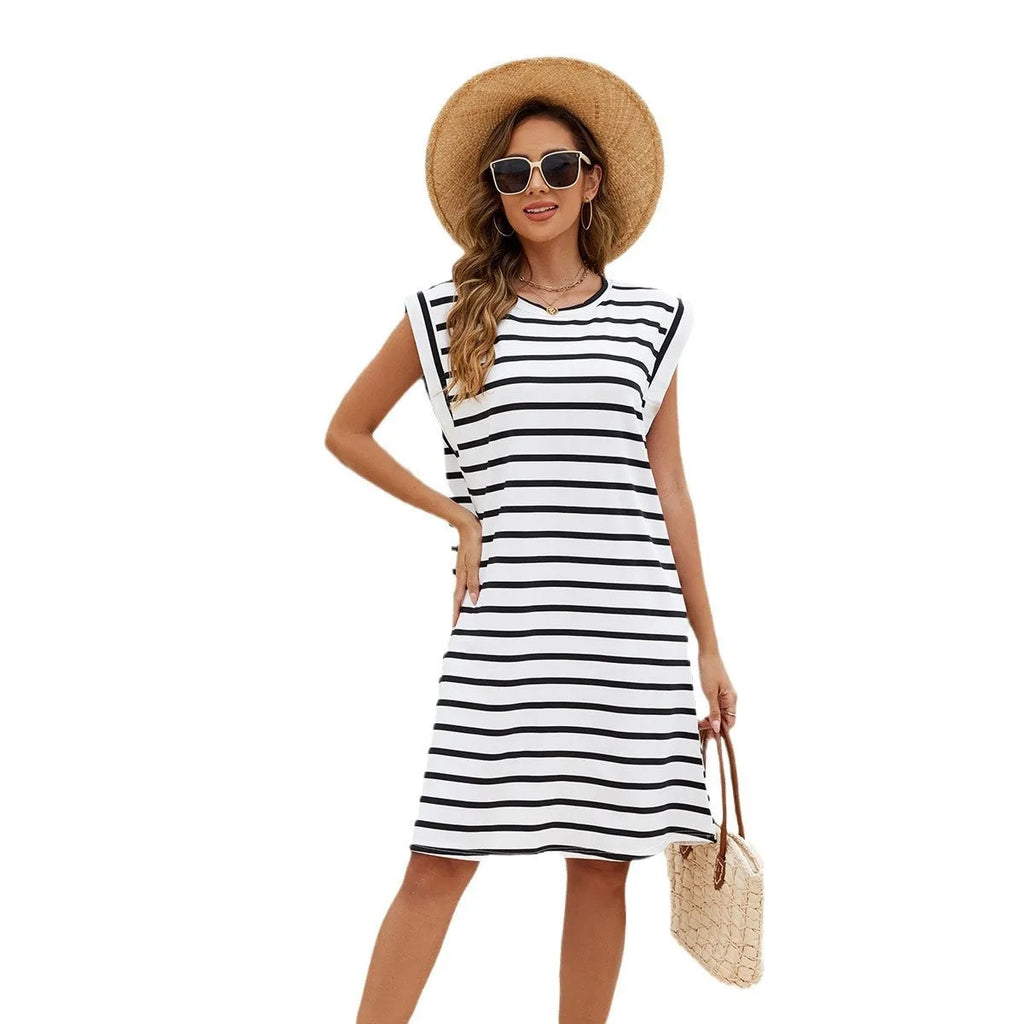 Women's black and white striped polyester beach cover-up blouse