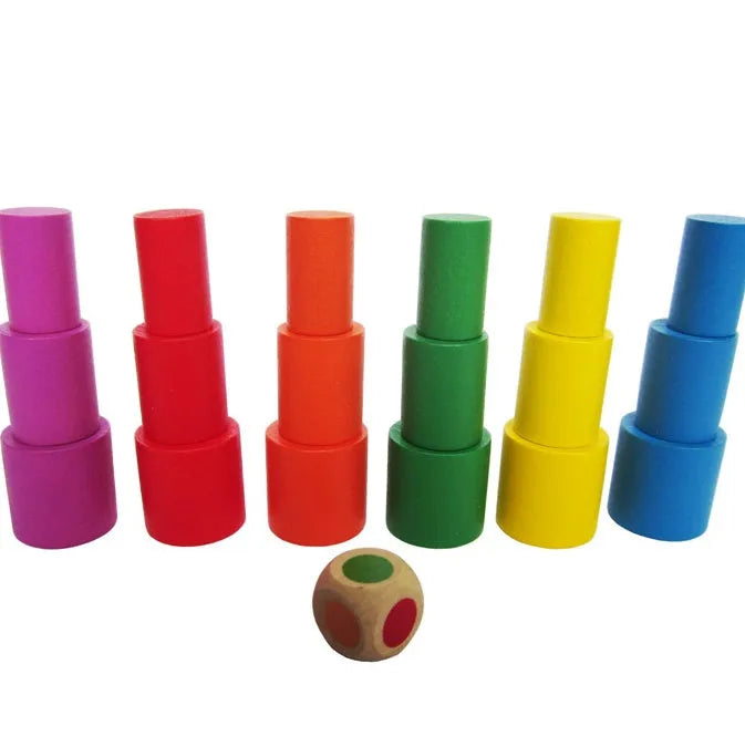 Wooden moon-shaped balance game with blue and yellow pieces for children aged 2-4 years