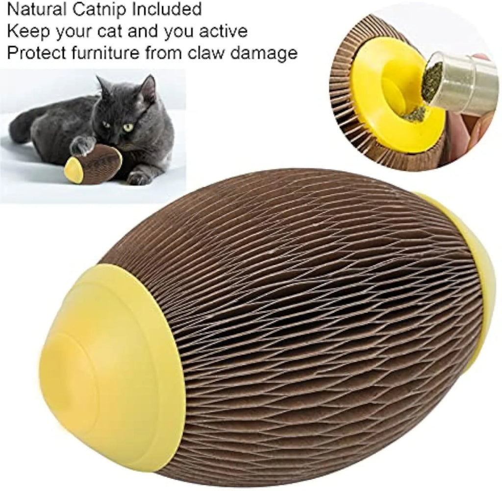 Green ellipse‑shaped corrugated paper catnip ball toy with scratch surface on a white background