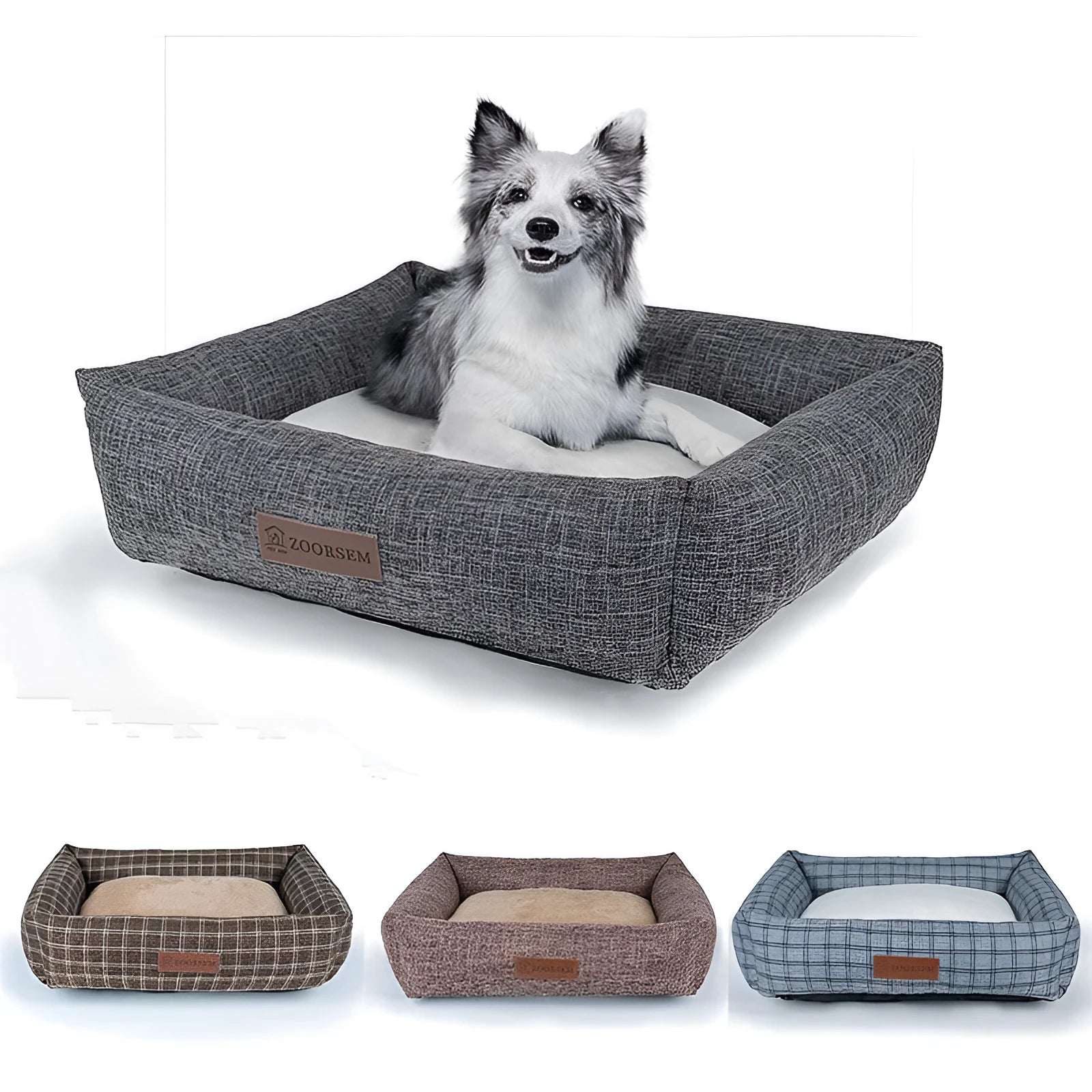 Square linen dog bed in brown plaid pattern showing four size options