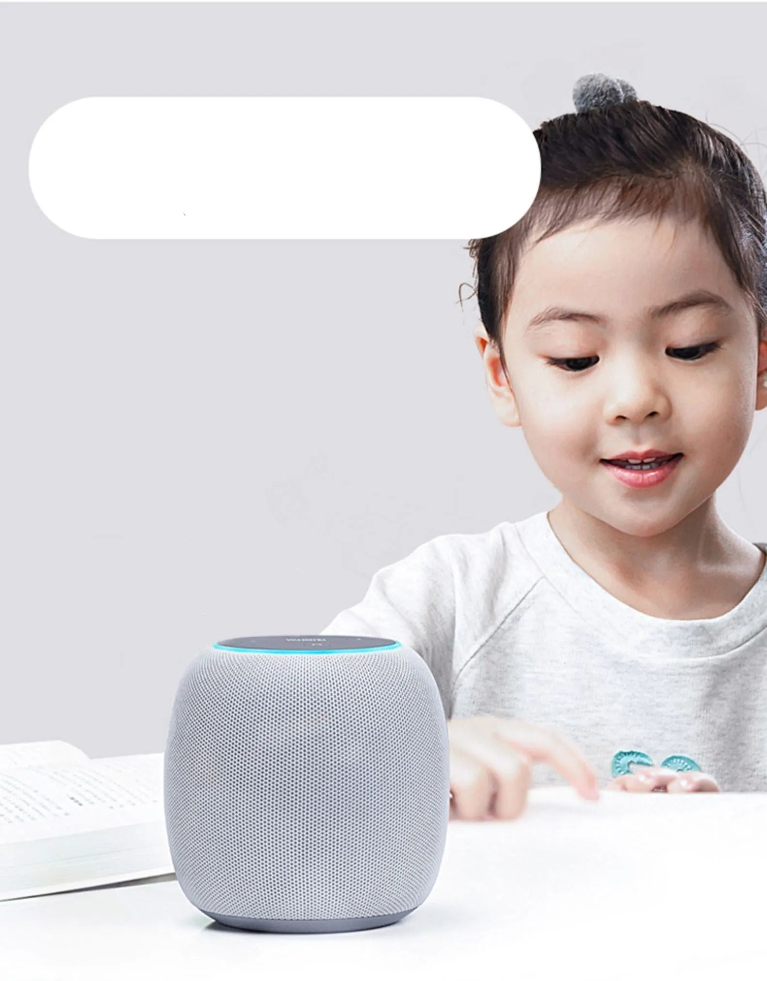 Compact mini AI voice assistant Bluetooth smart speaker with six microphones and control buttons.