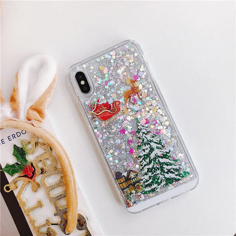 Transparent quicksand effect phone case with Santa Claus and Christmas tree design for iPhone and Samsung