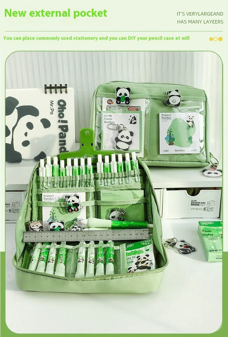 Green panda-themed pencil case with 12 layers for stationery organisation in Korean style canvas design