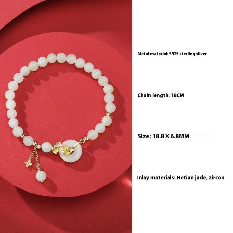 Osmanthus Peace Buckle S925 sterling silver natural Hetian jade women's bracelet with 6mm round stones
