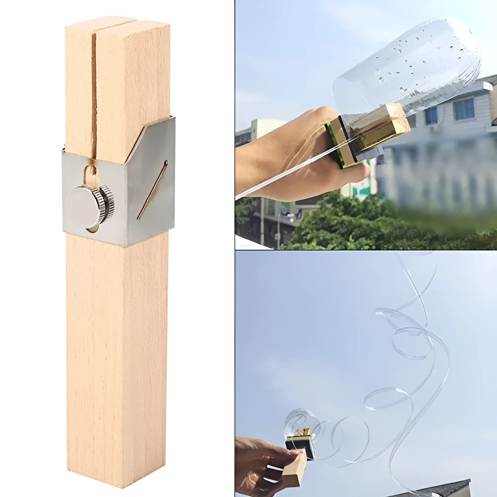 Plastic bottle cutter in log colour, 2.2x2.2x14cm, with slot for cutting PET bottles into rope