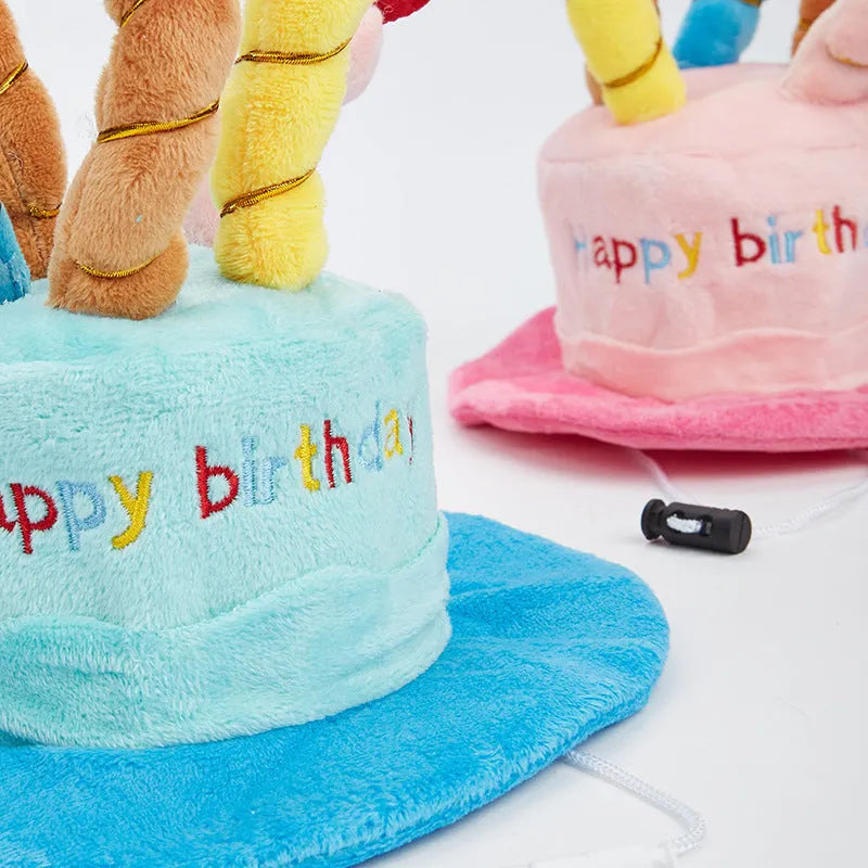 Blue and pink toy dog birthday hat measuring 21cm tall.