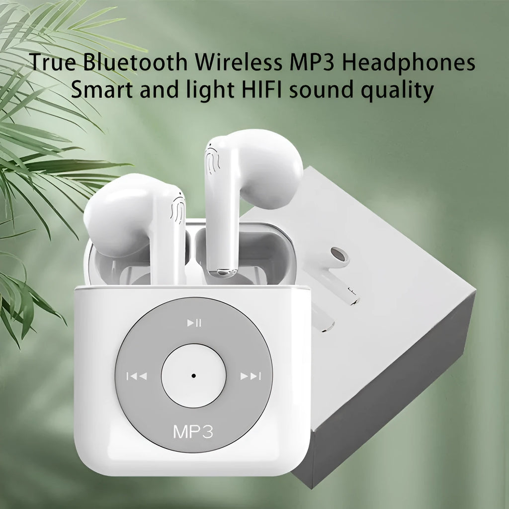 White wireless Bluetooth semi in-ear earphones next to their compact charging case.