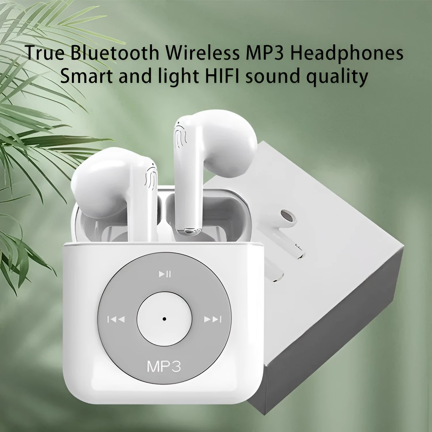 White wireless Bluetooth semi in-ear earphones next to their compact charging case.