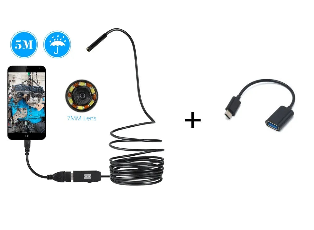 OWSOO USB endoscope with 5m cable, 7mm lens, six LEDs, and magnet hook attachments