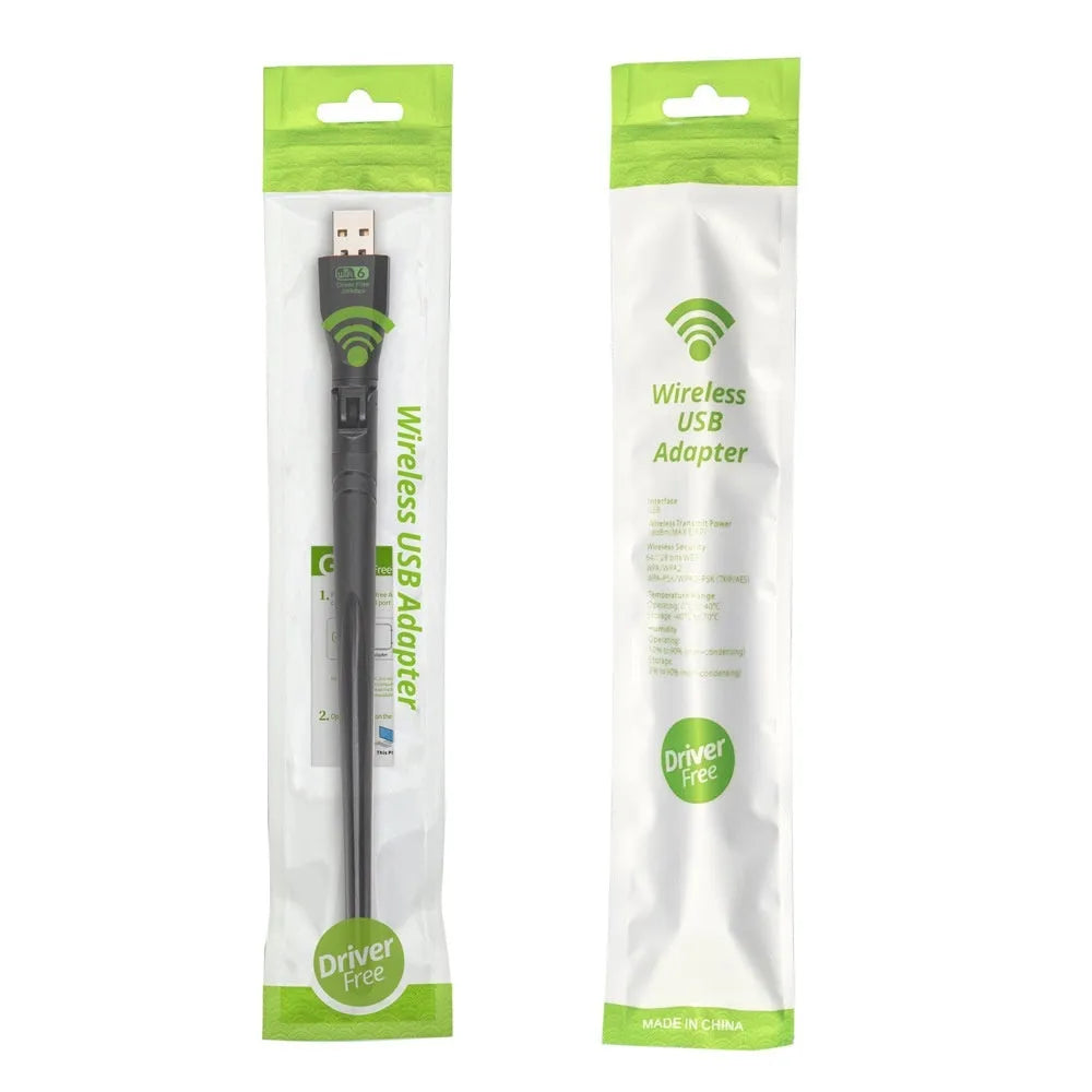 Black USB WiFi 6 wireless network adapter for driver-free PC and laptop connectivity.