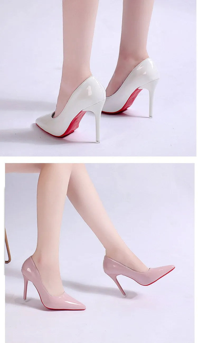 Solid colour women's stiletto pump with pointed toe and shallow mouth design on a rubber sole.