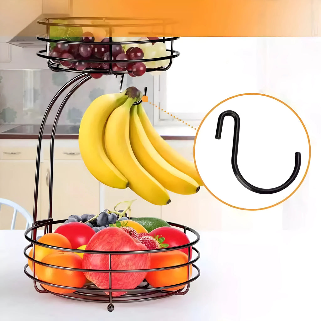 Black wrought iron double-layer fruit and vegetable storage basket with two tiers.